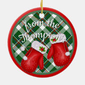 Custom Santa Claus Mittens Red Green Plaid Pattern Keramik Ornament (Hinten)
