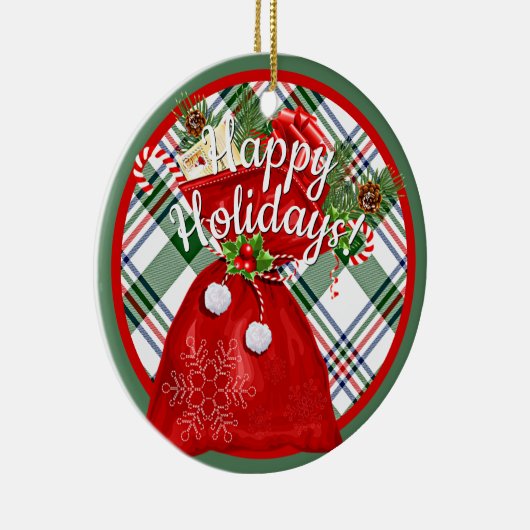 Custom Santa Gift Bag On Red Green Plaid Pattern Keramik Ornament (Rechts)