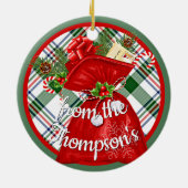 Custom Santa Gift Bag On Red Green Plaid Pattern Keramik Ornament (Hinten)