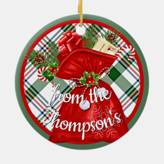 Custom Santa Gift Bag On Red Green Plaid Pattern Keramik Ornament (Hinten)