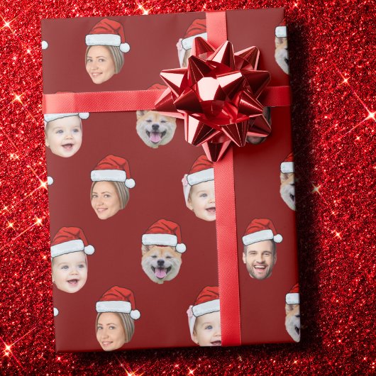 Custom Santa Hat Family Face 4 Photos Christmas Geschenkpapier