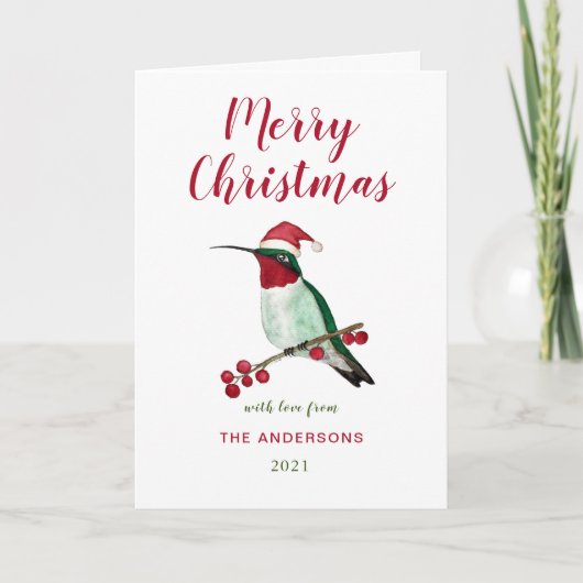 Custom Santa Hummingbird Holiday Card Feiertagskarte (Vorderseite)