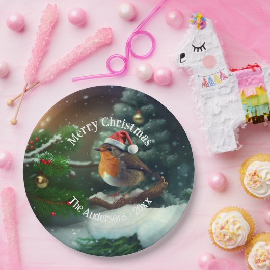 Custom Santa Robin auf einem Weihnachtsbaum Napkin Pappteller (Party)