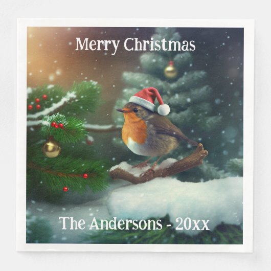 Custom Santa Robin auf einem Weihnachtsbaum Napkin Serviette (Vorderseite)