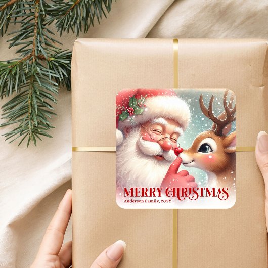 Custom Santa Rudolph Festive Christmas Kids Label Quadratischer Aufkleber