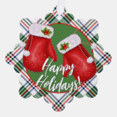 Custom Santas Mittens auf Red Green Kariert Patter Ornament Karte (Vorderseite)