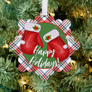 Custom Santas Mittens auf Red Green Kariert Patter Ornament Karte
