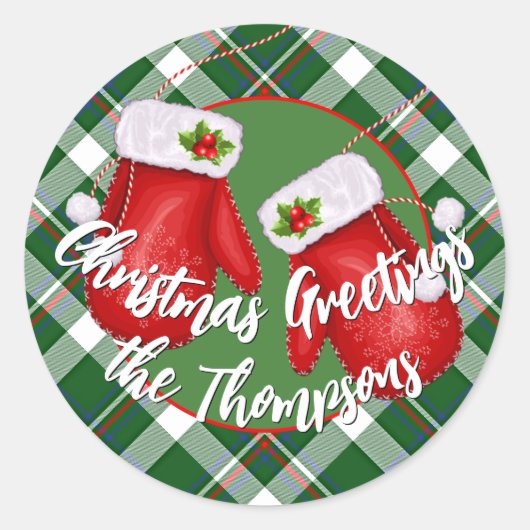 Custom Santas Mittens On Red Green Plaid Pattern Runder Aufkleber (Vorderseite)