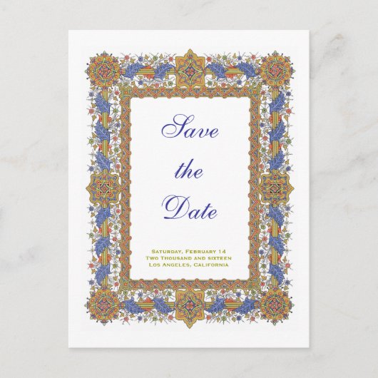 Custom Save the Date Barock Blue Gold Postcard Ankündigungspostkarte (Vorderseite)
