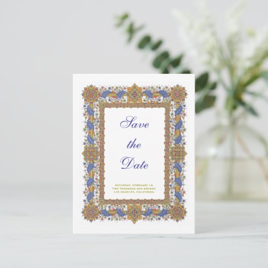 Custom Save the Date Barock Blue Gold Postcard Ankündigungspostkarte (Stehend Vorderseite)