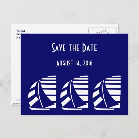 Custom Save the Date Blue White Sailboote Postcard Ankündigungspostkarte (Vorne/Hinten)