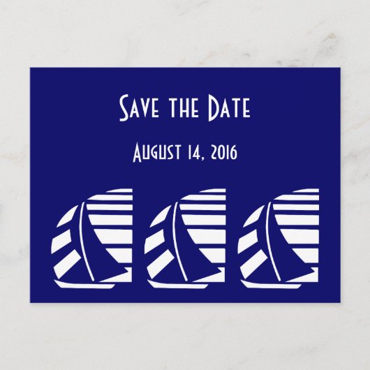 Custom Save the Date Blue White Sailboote Postcard Ankündigungspostkarte (Vorderseite)