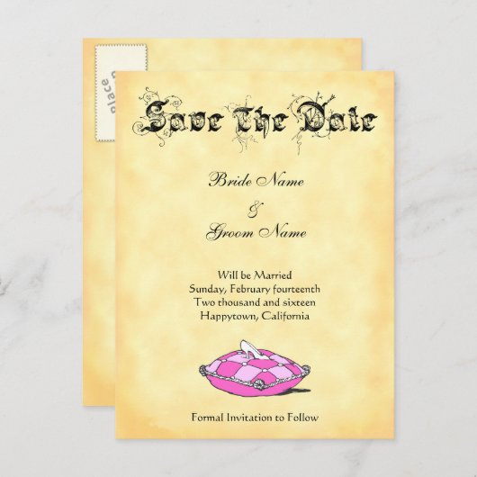 Custom Save the Date Cinderella Slipper auf rosa Ankündigungspostkarte (Vorne/Hinten)