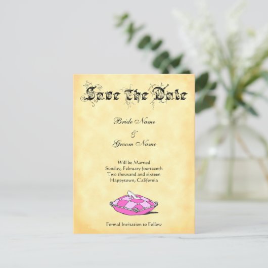 Custom Save the Date Cinderella Slipper auf rosa Ankündigungspostkarte (Stehend Vorderseite)