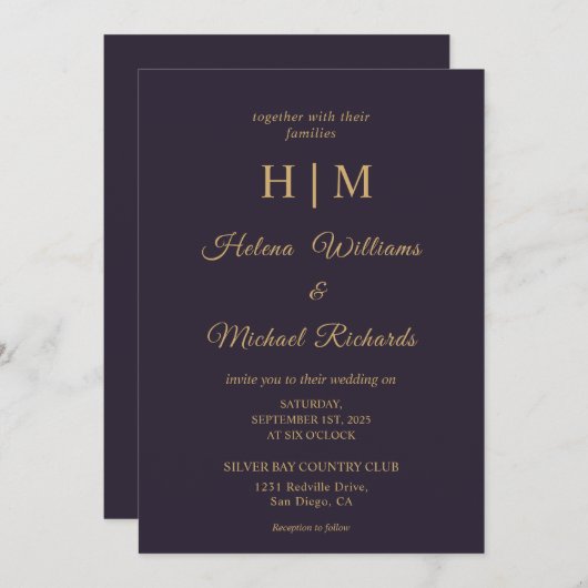 Custom Schlicht Dark Navy Blue Gold Letter Wedding Einladung (Vorne/Hinten)