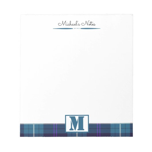 Custom Script Celadon Blue Kariert Tartan Monogram Notizblock (Vorderseite)