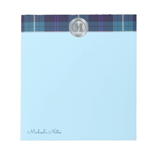 Custom Script Kariert Tartan Metallic Steel Monogr Notizblock (Vorderseite)