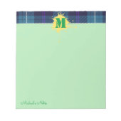 Custom Script Kariert Tartan Splash Monogram Green Notizblock (Vorderseite)