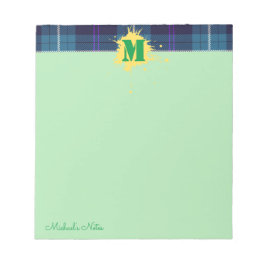 Custom Script Kariert Tartan Splash Monogram Green Notizblock