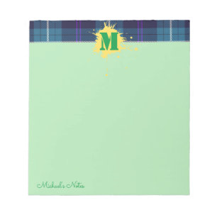 Custom Script Kariert Tartan Splash Monogram Green Notizblock