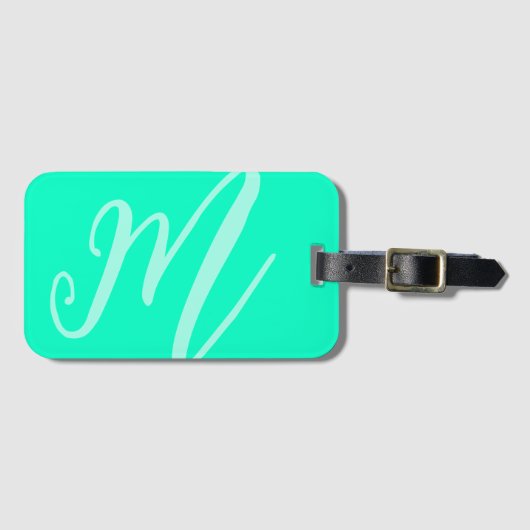 Custom Script Monogram Name Modern Neon Aqua Blue Gepäckanhänger (Vorderseite (Horizontal))