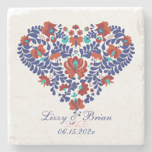 Custom Script Ungarisch Matyo Folk Abstrakt Heart Steinuntersetzer