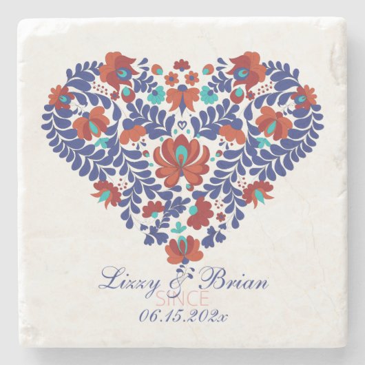 Custom Script Ungarisch Matyo Folk Abstrakt Heart Steinuntersetzer (Vorderseite)