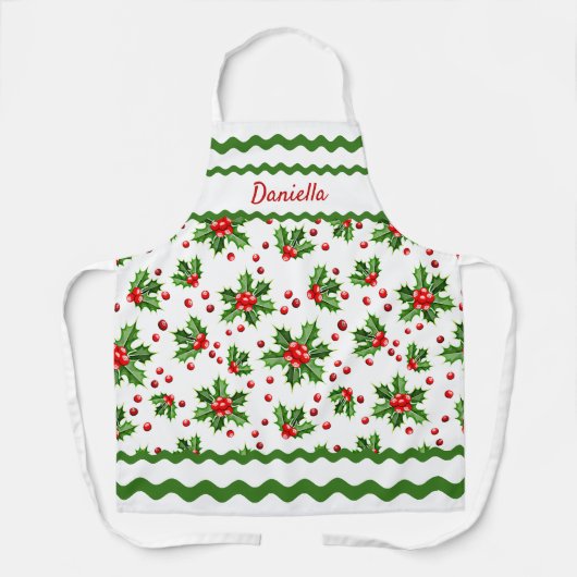 Custom Seasonal Red Holly Berries Green Leaves Schürze (Vorderseite)