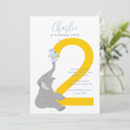 Custom Second Birthday Moderne Elephant Einladung (Stehend Vorderseite)