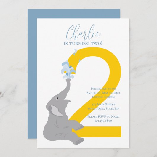 Custom Second Birthday Moderne Elephant Einladung (Vorne/Hinten)