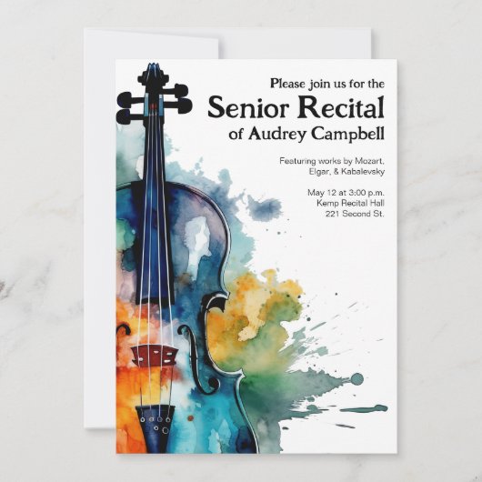 Custom Senior Violin Erwägungsgrund Musik Thema Einladung (Vorderseite)