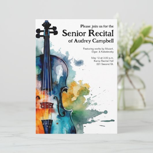 Custom Senior Violin Erwägungsgrund Musik Thema Einladung (Stehend Vorderseite)