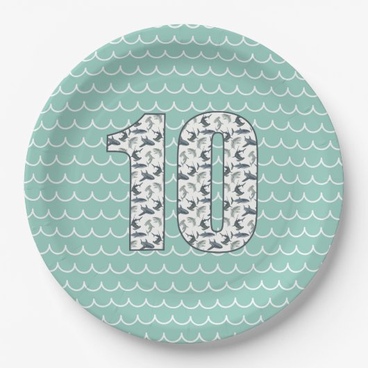 Custom Shark Birthday Plate | 10. Geburtstag | See Pappteller (Vorderseite)