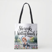 Custom She Works mit Willing Hands Christlich Tasche (Vorderseite)