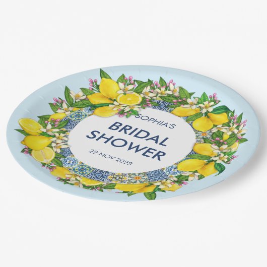 Custom Sicilian Majolica Tiles Floral Leafy Lemon Pappteller (Schrägansicht)