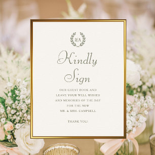 Custom Sign Monogram Wedding Guest Book Green Poster