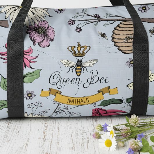 Custom Silver Mist, Black & Gold Queen Bee & Crown Duffle Bag