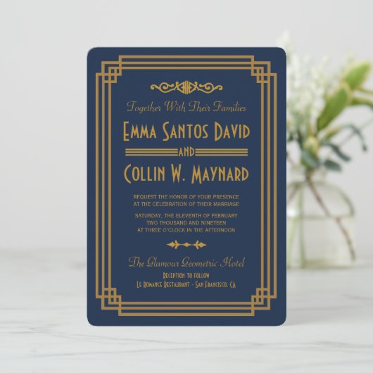 Custom Simple Blue Art Deco Wedding lädt Einladung (Stehend Vorderseite)
