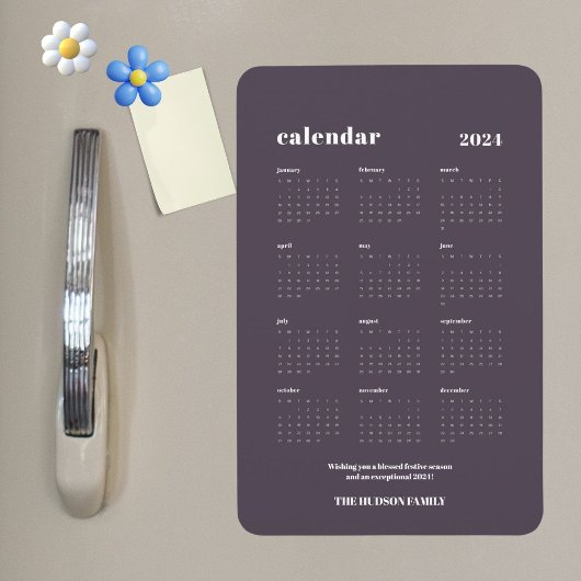 Custom SImple Chic 2024 Graphite Lila Calendar Magnet