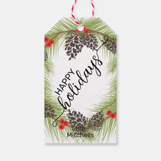 Custom Simple Eleganone Pinecones Green Red White Geschenkanhänger (Rückseite)