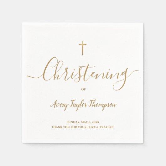 Custom SImple Gold Cross Christening Script Serviette (Vorderseite)