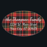 Custom Simple Merry Christmas Wish Tartan Pattern Ovaler Aufkleber<br><div class="desc">Beautiful contemporary Scottish style red, white, yellow and black tartan and stripes pattern design. With room to personalize or customize with family name and address of your choice. Ornate, elegant, stylish and eclectic design for the fancy artistic hip crafter, vintage retro art style or abstract digital geometric motif lover. Available...</div>