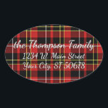 Custom Simple Merry Christmas Wish Tartan Pattern Ovaler Aufkleber<br><div class="desc">Beautiful contemporary Scottish style red, white, yellow and black tartan and stripes pattern design. With room to personalize or customize with family name and address of your choice. Ornate, elegant, stylish and eclectic design for the fancy artistic hip crafter, vintage retro art style or abstract digital geometric motif lover. Available...</div>