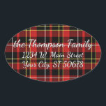 Custom Simple Merry Christmas Wish Tartan Pattern Ovaler Aufkleber<br><div class="desc">Beautiful contemporary Scottish style red, white, yellow and black tartan and stripes pattern design. With room to personalize or customize with family name and address of your choice. Ornate, elegant, stylish and eclectic design for the fancy artistic hip crafter, vintage retro art style or abstract digital geometric motif lover. Available...</div>