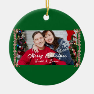 Custom Simple Monogram Green Christmas Foto Keramik Ornament