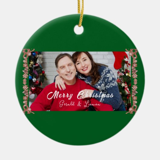 Custom Simple Monogram Green Christmas Foto Keramik Ornament (Vorne)