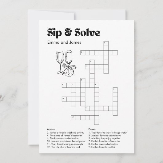 Custom Sip and Solve Wedding Crossword Einladung (Vorderseite)