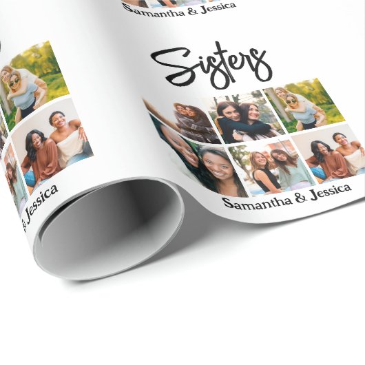 Custom Sisters Script 6 Foto Collage Geschenkpapier (Rolleneckpunkt)