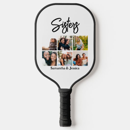 Custom Sisters Script 6 Foto Collage Pickleball Schläger (Vorderseite)