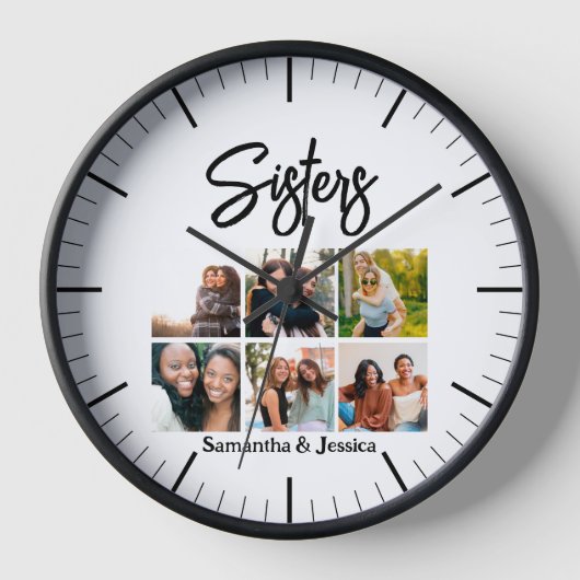 Custom Sisters Script 6 Foto Collage Uhr (Vorderseite)